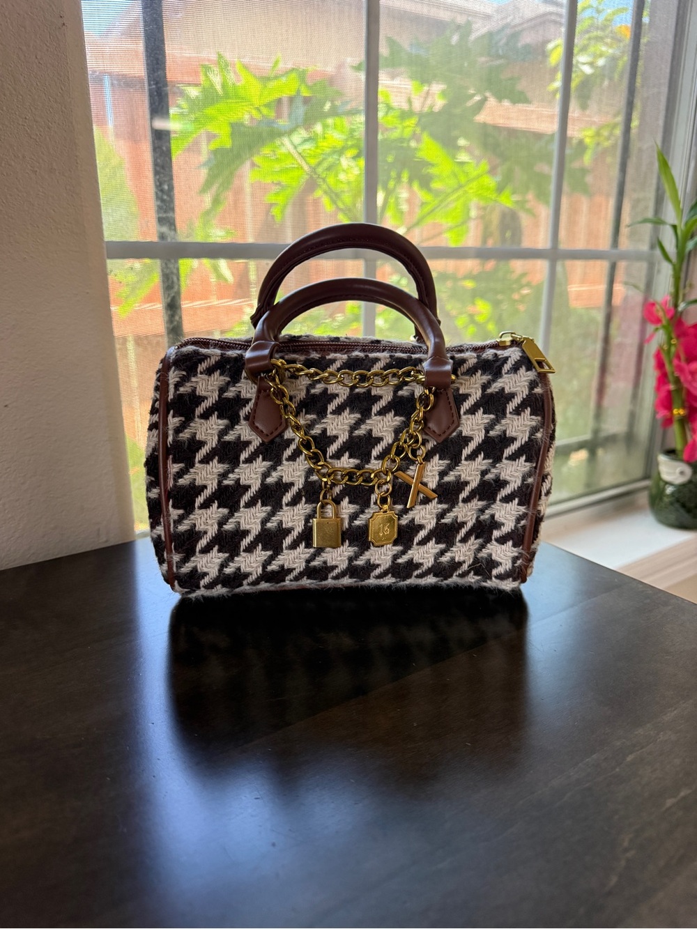Mini houndstooth pattern Boston bag barrel handbag  dark brown